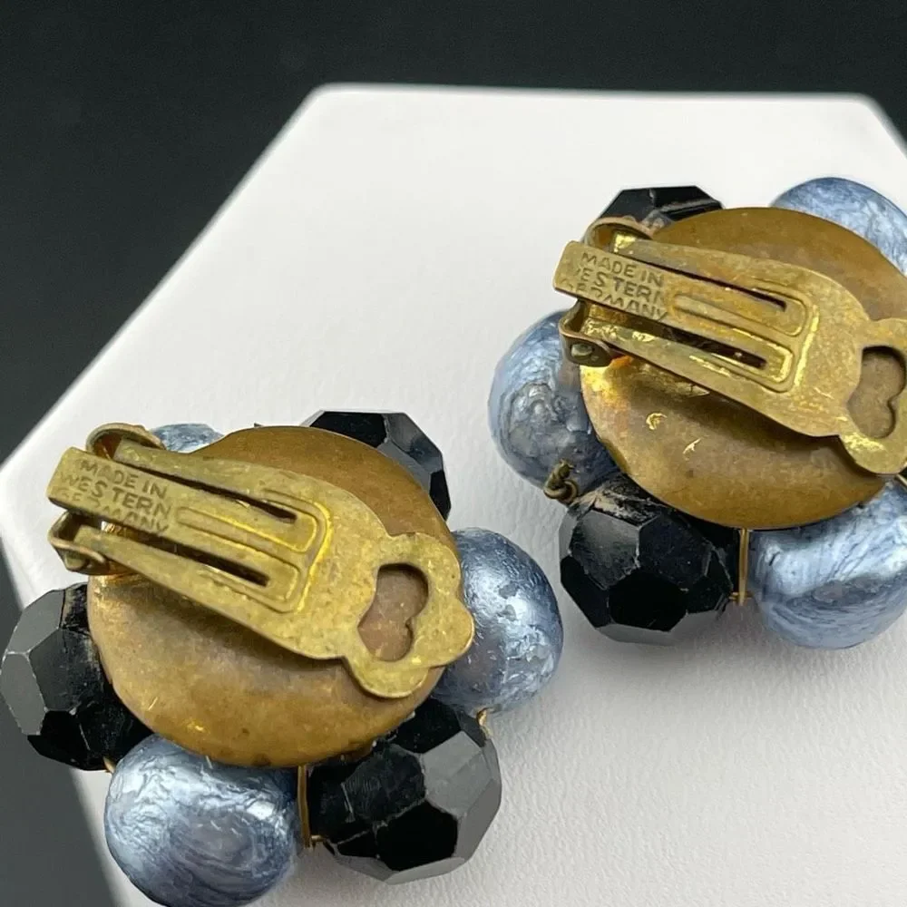 Western Germany Vintage Estate Signed Blue Black Pink Beaded Clip On Earrings